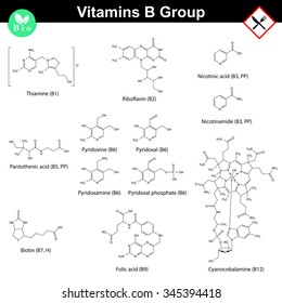 Vitamins of b group, molecular structures, 2d vector chemical formulas, eps 8