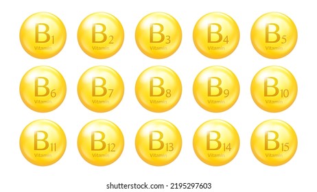 Vitamins B group vector icons. Set of round golden pills. Healthy life concept