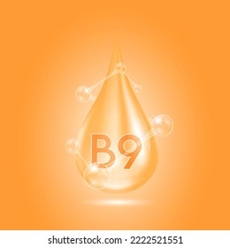 Vitamins B9 collagen serum water drop isolated on dark background. Solution complex orange with molecule oxygen bubbles surround. Beauty skincare cosmetics. Medical concepts. 3D Realistic Vector.