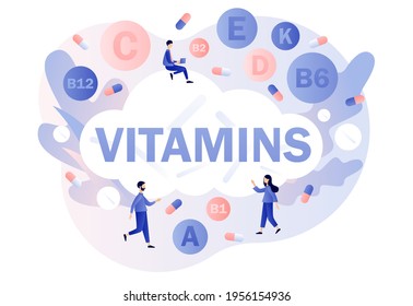 Vitamins - big text. Tiny people and multi vitamin complex, vitamin A, group B B1, B2, B6, B12, C, D, E, K. Healthy lifestyle. Modern flat cartoon style. Vector illustration on white background