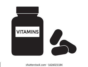 Vitamins bootle with pills. Multivitamin complex supplement. Black silhouette isolated on white background. Vector illustration