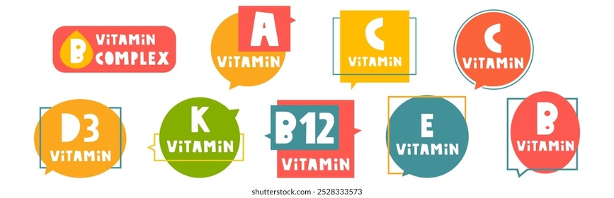 Vitamins C, B, A, E, B-12, D3. Colorful modern badges. 
Healthy organic concept. Illustrations on white background. 