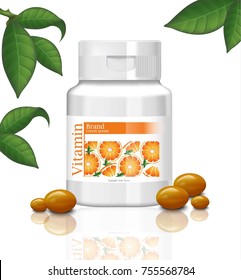 Vitamins C bottle plastic container with pills. Vector realistic detailed illustration