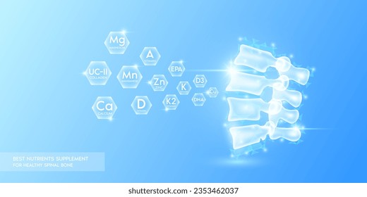 Vitamins calcium minerals with magnesium and collagen in hexagon absorbed into spinal bone spurs. Osteophyte treatment. Best nutrients supplement for healthy. Health care medical innovation. Vector.