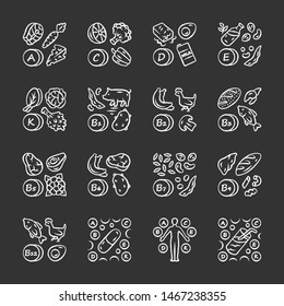 Vitamins chalk icons set. A, C, D, E, K, B natural food source. Vitamin pill, complex, cocktail. Fruits, vegetables. Proper nutrition. Minerals, antioxidants. Isolated vector chalkboard illustrations