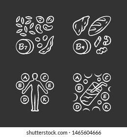 Vitamins chalk icons set. B1, B9 natural food source. Vitamin complex, cocktail. Nuts, flour products. Proper nutrition. Healthcare. Minerals, antioxidants. Isolated vector chalkboard illustrations