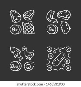 Vitamins chalk icons set. B5, B6, B12 natural food source. Vitamin pills. Fruits, meat, vegetables. Proper nutrition. Healthy food. Minerals, antioxidants. Isolated vector chalkboard illustrations