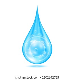 Vitamins collagen serum water drop isolated on white background. Solution complex blue shining with oxygen bubbles. Beauty skin care cosmetics. Medical scientific concepts. 3D Realistic Vector.