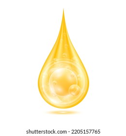 Vitamins collagen serum water drop isolated on white background. Solution complex yellow shining with oxygen bubbles. Beauty skin care cosmetics. Medical scientific concepts. 3D Realistic Vector.