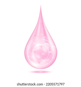 El agua sérica de colágeno de vitaminas cae aislada en el fondo blanco. Solución brillante de color rosa con burbujas de oxígeno. Cosméticos de belleza para el cuidado de la piel. Conceptos científicos médicos. Vector Realista 3D.