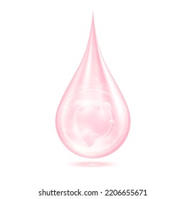 Vitamins collagen serum water drop isolated on white background. Solution complex pink shining with oxygen bubbles. Beauty skin care cosmetics. Medical scientific concepts. 3D Realistic Vector.