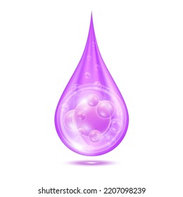 El agua sérica de colágeno de vitaminas cae aislada en el fondo blanco. Complejo de solución morado brillando con burbujas de oxígeno. Cosméticos de belleza para el cuidado de la piel. Conceptos científicos médicos. Vector Realista 3D.