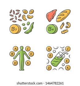 Vitamins color icons set. B1, B9 natural food source. Vitamin complex, cocktail. Nuts, flour products. Proper nutrition. Healthy food. Healthcare. Minerals, antioxidants. Isolated vector illustrations