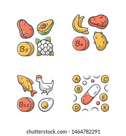 Vitamins color icons set. B5, B6, B12 natural food source. Vitamin pills. Fruits, meat, vegetables. Proper nutrition. Healthy food. Healthcare. Minerals, antioxidants. Isolated vector illustrations