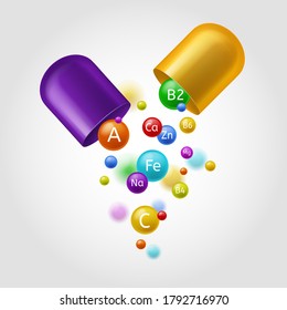 Vitamins. Colorful open capsule with flying multivitamin, mineral bubbles. Vitamin a, b and zn, fe ascorbic acid, organic multivitamins complex vector pharmacy healthcare concept