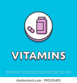 Vitamins colour round icon isolated vector illustration. Plastic medical container, vitamins bottle symbol. Healthy pharmacy medicine, dietary supplement capsule logo or sign in line design.