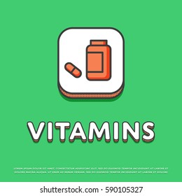 Vitamins colour square icon isolated vector illustration. Plastic medical container, vitamins bottle symbol. Healthy pharmacy medicine, dietary supplement capsule logo or sign in line design.