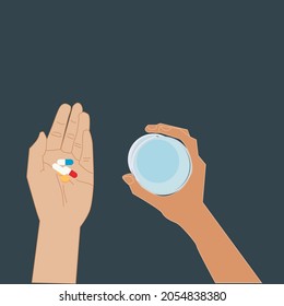 Vitamins - common misconceptions concept design stock illustration. Medicine taking with a glass of water vector.