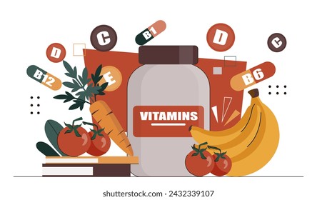 Vitamins complex concept. Fruits and vegetables near package with pills. Healthy lifestyle. Supplements for sports and fitness. Cartoon flat vector illustration isolated on white background