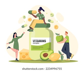 Concepto complejo de vitaminas. Hombres y mujeres con productos naturales y orgánicos. Comer sano, nutrición adecuada. Elementos útiles y minerales. Frutas y verduras. Dibujo vectorial plano de dibujos animados