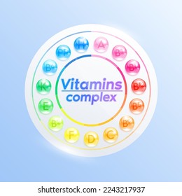 Vitamins complex in the form of colorful water droplets. Multivitamins label isolated on blue background. For pharmacy advertisement or vitamin package design. Medical concept. Vector EPS10.