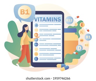 Vitamins complex. Healthy lifestyle. Tiny woman reading list multi vitamin supplement, vitamin A, group B B1, B2, B6, B12, C, D, E, K on smartphone. Modern flat cartoon style. Vector illustration 