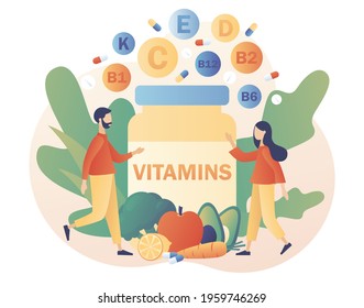 Vitamins complex. Healthy lifestyle. Tiny people and jar multi vitamin supplement, vitamin A, group B B1, B2, B6, B12, C, D, E, K. Modern flat cartoon style. Vector illustration on white background svg