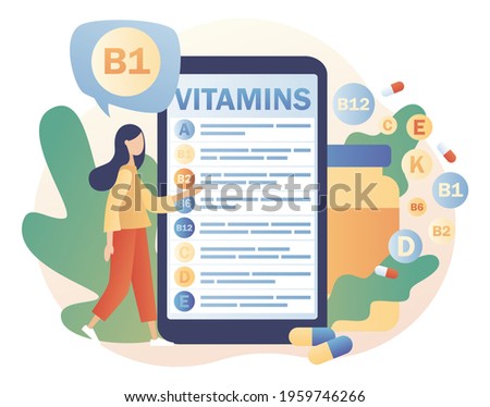 Vitamins complex. Healthy lifestyle. Tiny woman reading list multi vitamin supplement, vitamin A, group B B1, B2, B6, B12, C, D, E, K on smartphone. Modern flat cartoon style. Vector illustration 