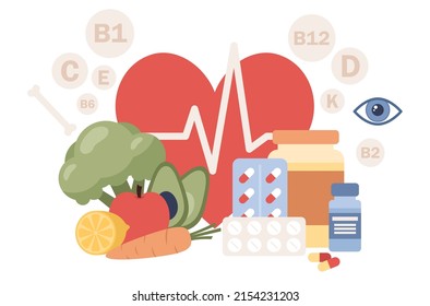 Complejo de vitaminas. Estilo de vida saludable. Pastillas de vitamina y suplementos de vitamina múltiple contra los alimentos naturales. Ilustración plana del vector 