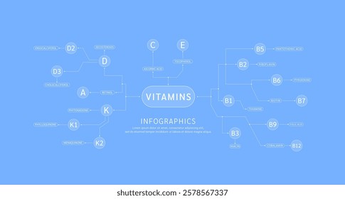 Vitamins complex infographics on blue background. Multivitamin nutrients essential for health. Used for design dietary supplement products. Medical science concept. Banner vector EPS10.