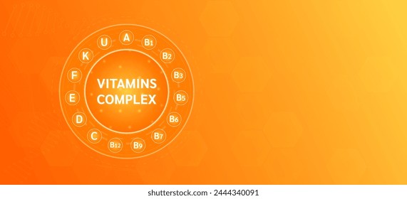 Vitamins complex or Multivitamin nutrients necessary for health. Background banner orange with empty space for text. Used for ads dietary supplements and pharmacy. Medical science. Vector design.