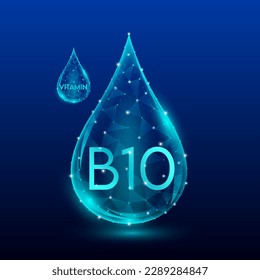 Vitamine komplexe Hautpflege Anti-Aging. Vitamin B10 tropfen blau, durchscheinend Low-Poly auf dunkelblauem Hintergrund. Multivitaminpräparate Kollagen. Kosmetikernährungsdesign. Vektorgrafik EPS10.