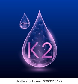 Vitamins complex skin care anti aging. Vitamin K2 drop pink translucent low poly on dark blue background. Multivitamins collagen supplement. Cosmetics nutrition design. Vector EPS 10 illustration.