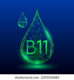 Vitamins complex skin care anti aging. Vitamin B11 drop green translucent low poly on dark blue background. Multivitamins collagen supplement. Cosmetics nutrition design. Vector EPS 10 illustration.