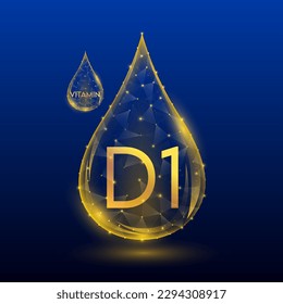 Vitaminas complejas cuidado de la piel anti envejecimiento. La vitamina D1 deja caer un poste naranja translúcido bajo sobre fondo azul oscuro. Complemento de colágeno de multivitaminas. Diseño nutricional de cosméticos. Ilustración del vector EPS 10.