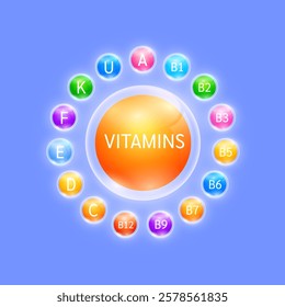 Vitamins complex. Surrounded by ball vitamin varicolored. Used for design dietary supplement products. Medical health care immunity protection concept. Vector.