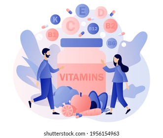 Vitamins Complex. Tiny People And Jar Multi Vitamin Supplement, Vitamin A, Group B B1, B2, B6, B12, C, D, E, K. Healthy Lifestyle. Modern Flat Cartoon Style. Vector Illustration On White Background