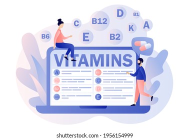 Vitamins complex. Tiny people reading list multi vitamin supplement, vitamin A, group B B1, B2, B6, B12, C, D, E, K on laptop. Healthy nutrition. Modern flat cartoon style. Vector illustration 