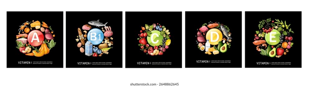 Contenido de vitaminas en el conjunto de productos. Aislado, arte de Clip, dibujo a mano. Ilustración vectorial.