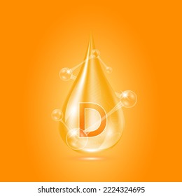 Vitamins D collagen serum water drop isolated on dark background. Solution complex orange with molecule oxygen bubbles surround. Beauty skincare cosmetics. Medical concepts. 3D Realistic Vector.