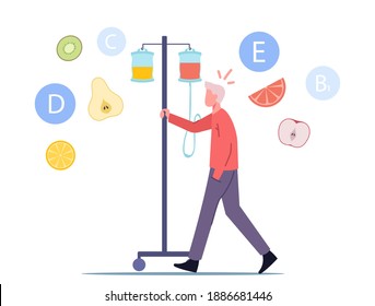 Vitamins Dripping, Iv Therapy Concept. Character Applying Intravenous Infusion Various Natural Nutrients via Dropper in Hospital, Man in Clinic Health Care Procedure. Cartoon Vector Illustration