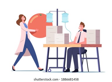 Vitamins Dripping, Iv Therapy Concept. Office Worker Male Character Sit at Workplace Apply Natural Nutrients Intravenous Infusion via Dropper with Doctor Assistance. Cartoon People Vector Illustration