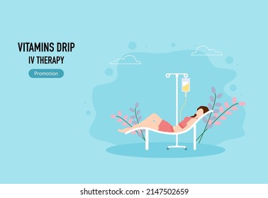 Vitamins Dripping And IV Therapy Concept. Character Applying Intravenous Infusion Various Natural Nutrients Via Droppers In Hospital, Woman Sleep Relax In Clinic Health Care Procedure. Flat Style.