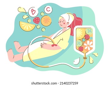 Vitamins Dripping or Iv Therapy Illustration. Cartoon Girl Character in Hospital applying Health Care Procedure with Natural Vitamins via Dropper. Vector Concept.