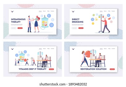 Vitamins Dripping, Iv Therapy Landing Page Template Set. Characters Apply Intravenous Infusion of Natural Nutrients via Droppers in Hospital with Doctor Assistance. Cartoon People Vector Illustration