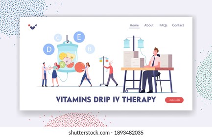 Vitamins Dripping, Iv Therapy Landing Page Template. Characters Applying Intravenous Infusion of Natural Nutrients via Droppers in Hospital with Doctor Assistance. Cartoon People Vector Illustration