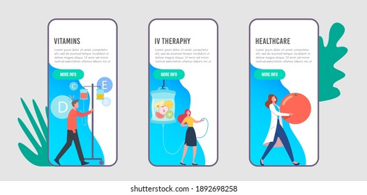 Vitamins Dripping, Iv Therapy Mobile App Page Onboard Screen Template. Characters Applying Intravenous Infusion Natural Nutrients Via Droppers In Hospital Concept. Cartoon People Vector Illustration