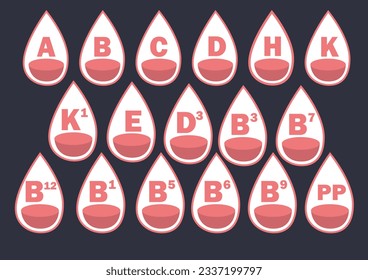  Vitaminas gota iconos vectoriales, vitamina vital para el ser vivo, A,B,K,D,H,K,B12,PP, conjunto de vitaminas