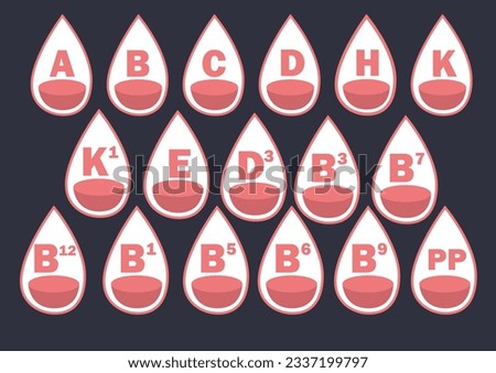  Vitamins drop vector icons, vital vitamin for living being,A,B,K,D,H,K,B12,PP, set of vitamins