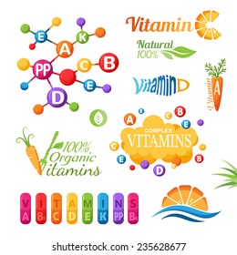 Vitamins emblems, icons and labels set